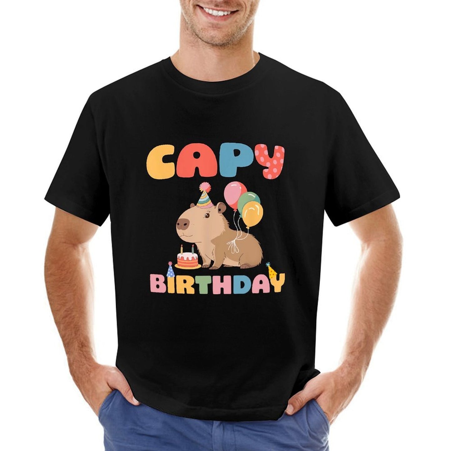 Inkmay Casual Cotton T-shirt Capybara Birthday Party With Balloons Unisex T-shirtCrew Neck EasyWear T-Shirt