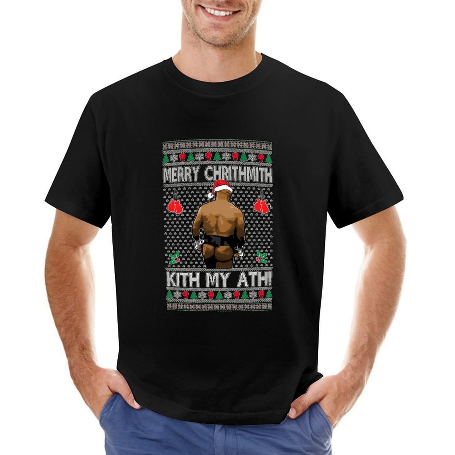 Inkmay Casual Cotton T-shirt Boxing Ugly Christmas With Santa Taint Unisex T-shirtSmoothWear Midweight T-Shirt