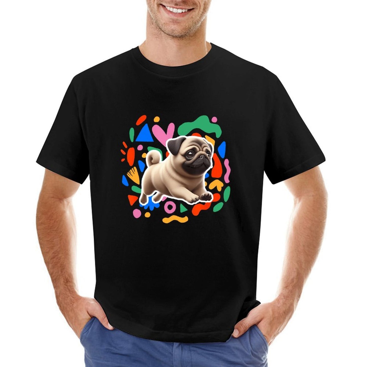 Inkmay Casual Cotton T-shirt Colorful Geometric Shapes With Pug Dog Unisex T-shirtOversized Heritage T-Shirt