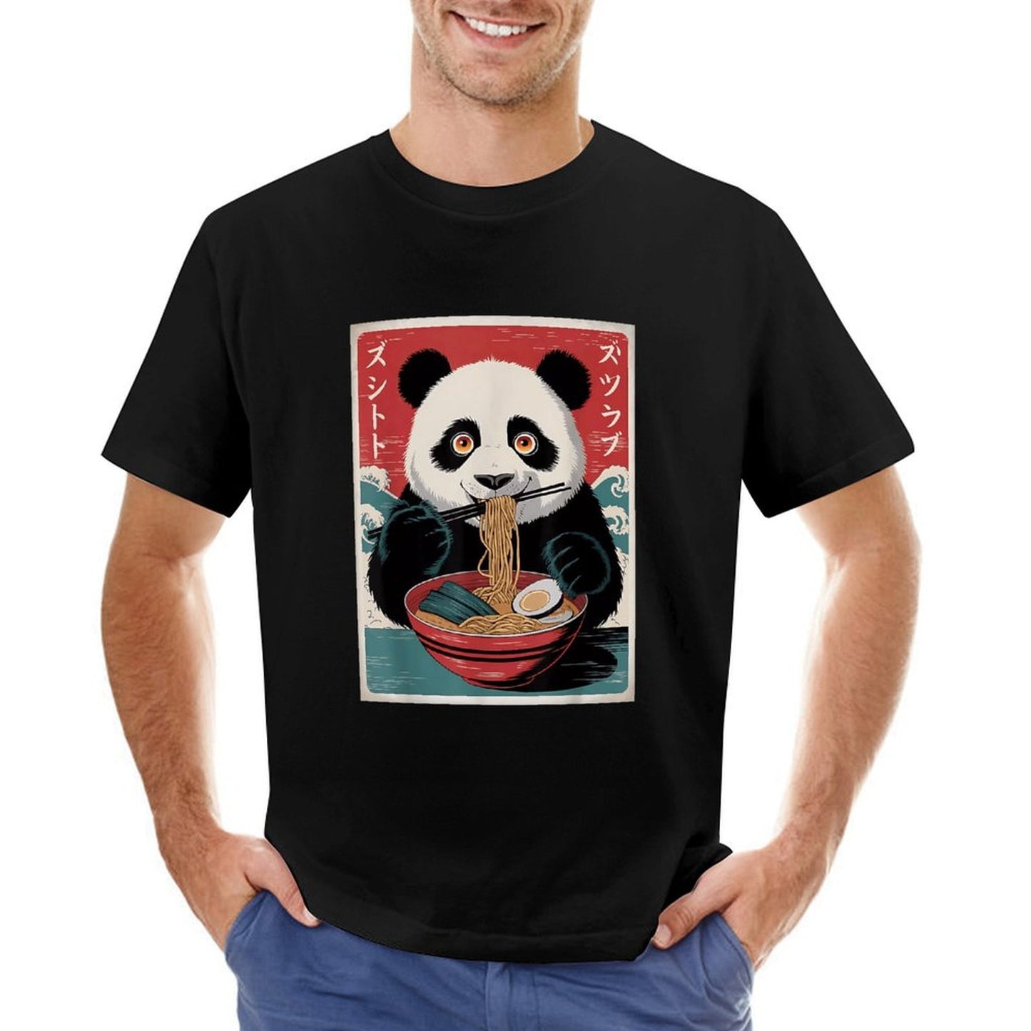 Inkmay Casual Cotton T-shirt Panda Eating Noodles With Chopsticks Art Unisex T-shirt