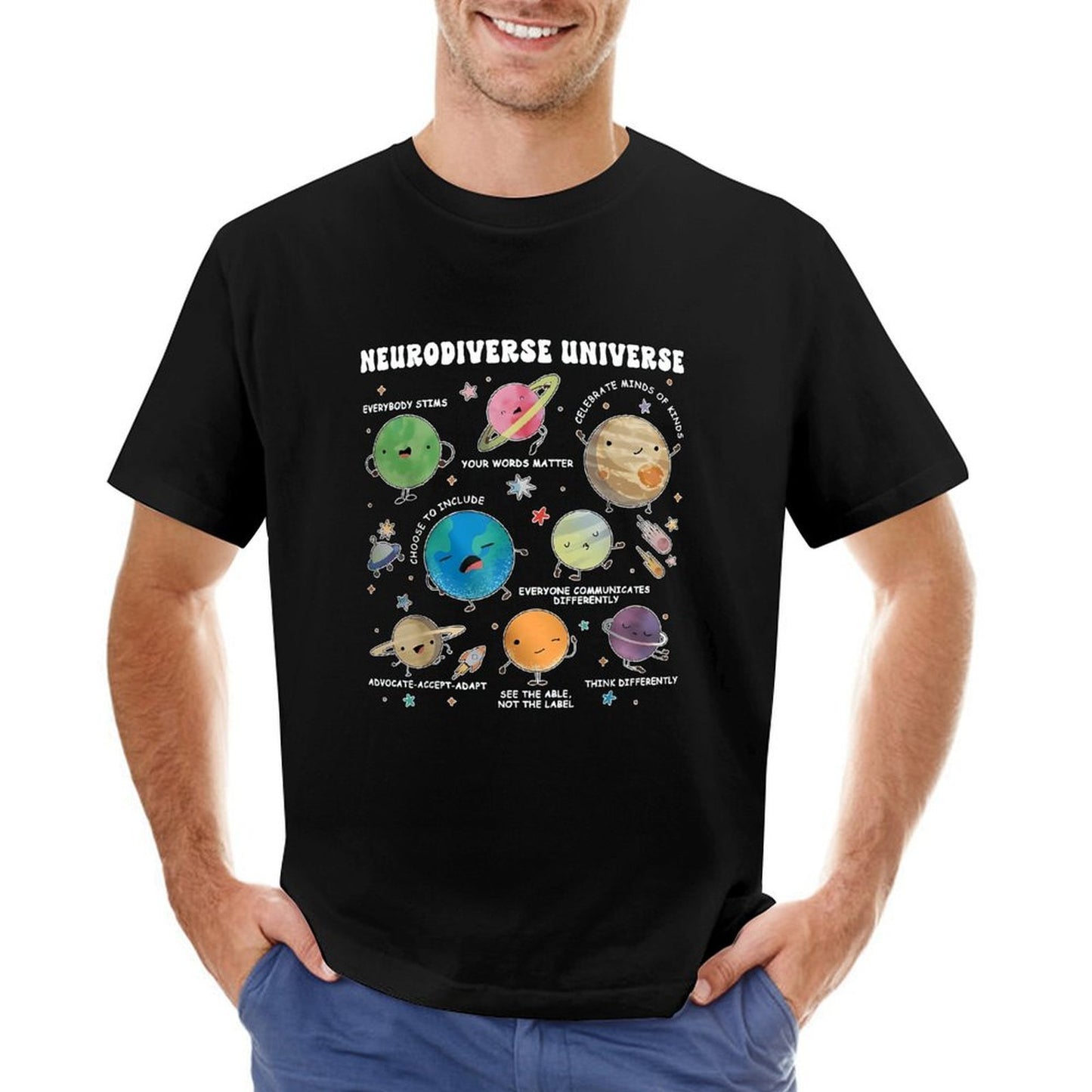 Inkmay Casual Cotton T-shirt Neurodiverse Universe Planets With Friendly Faces Unisex T-shirtMinimal ComfortLine T-Shirt