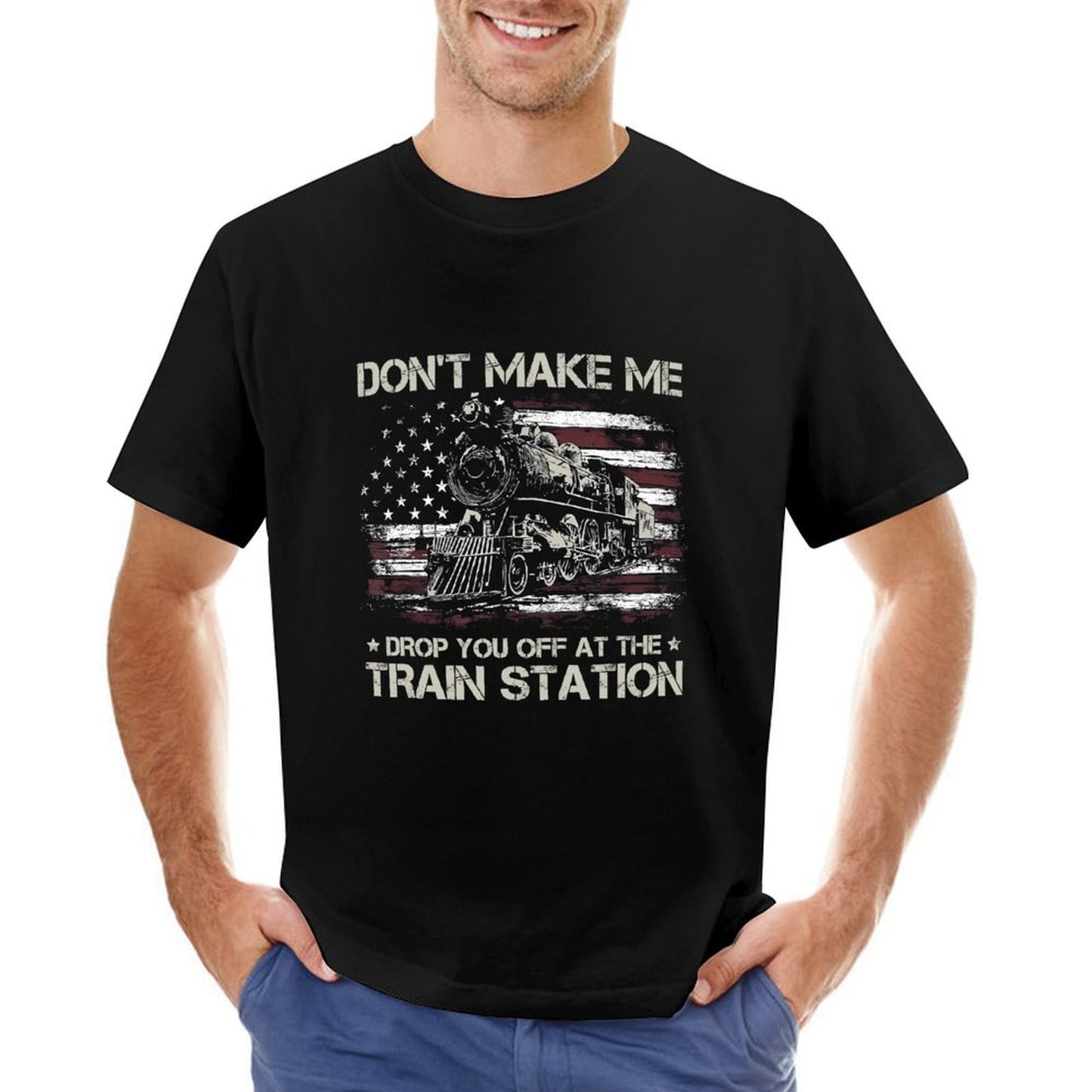 Inkmay Casual Cotton T-shirt American Flag With Train Graphic Design Unisex T-shirtMidweight Soft-Touch T-Shirt