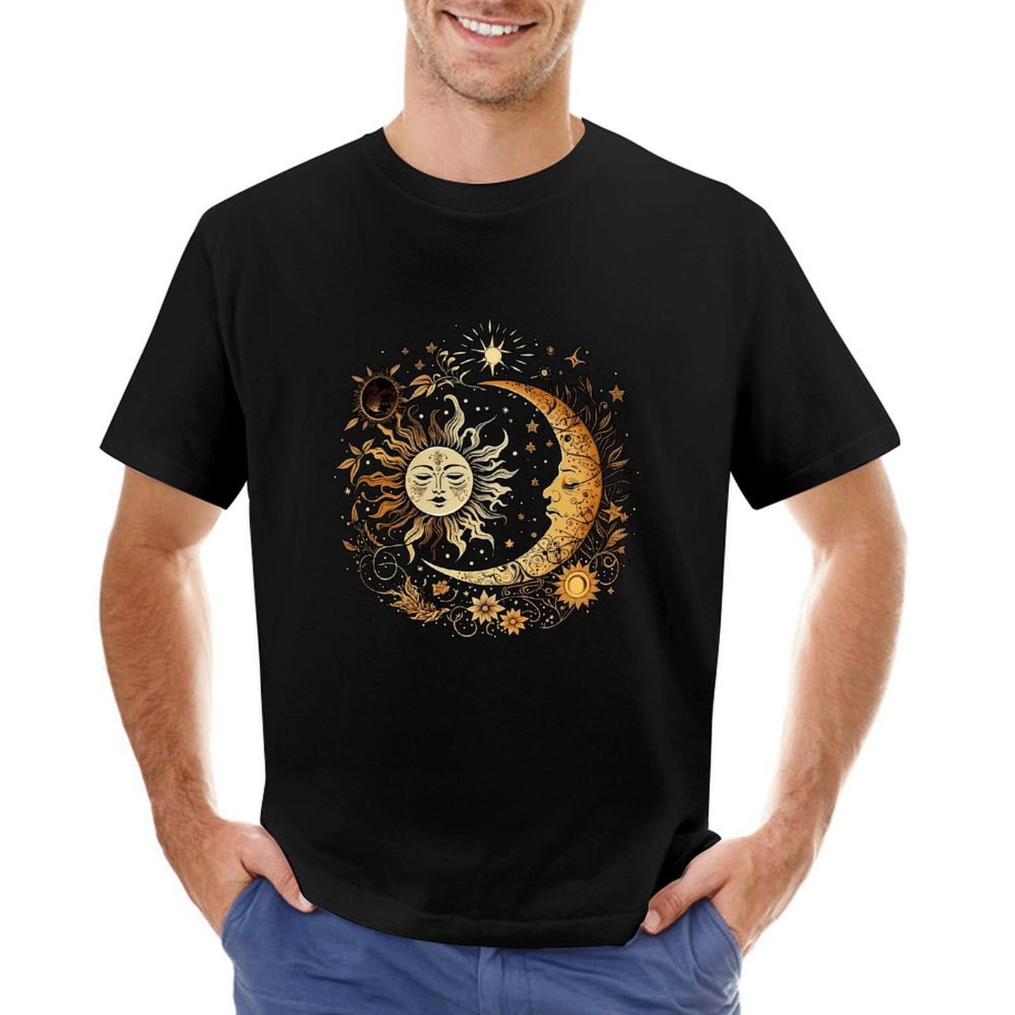 Inkmay Casual Cotton T-shirt Celestial Sun Moon Stars Art Print Unisex T-shirt