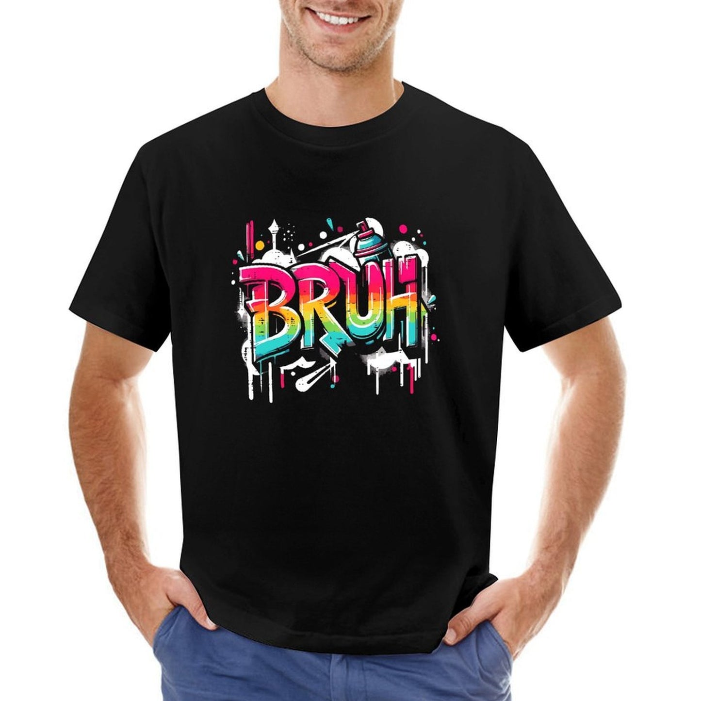 Inkmay Casual Cotton T-shirt Colorful Graffiti Style Bruh Text Art Unisex T-shirtPrint-Ready Relaxed T-Shirt