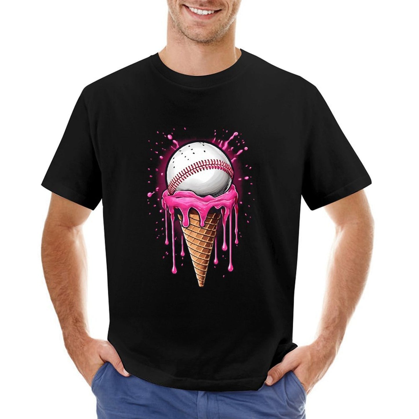 Inkmay Casual Cotton T-shirt Baseball On Ice Cream Cone Art Unisex T-shirtLogo-Ready Vibrant Colors T-Shirt