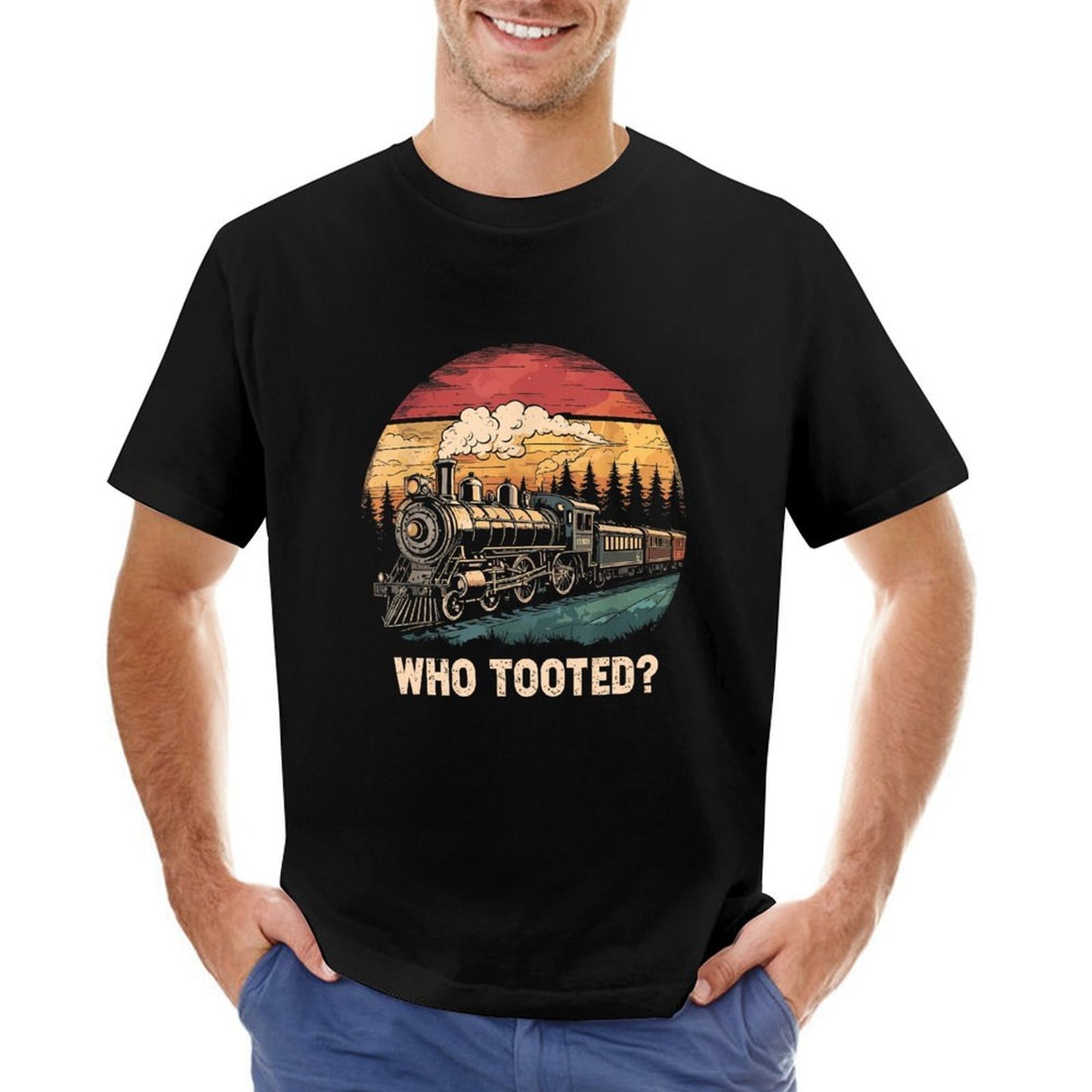 Inkmay Casual Cotton T-shirt Vintage Train Sunset Landscape Artwork Design Unisex T-shirtBatch-Printed Cotton T-Shirt