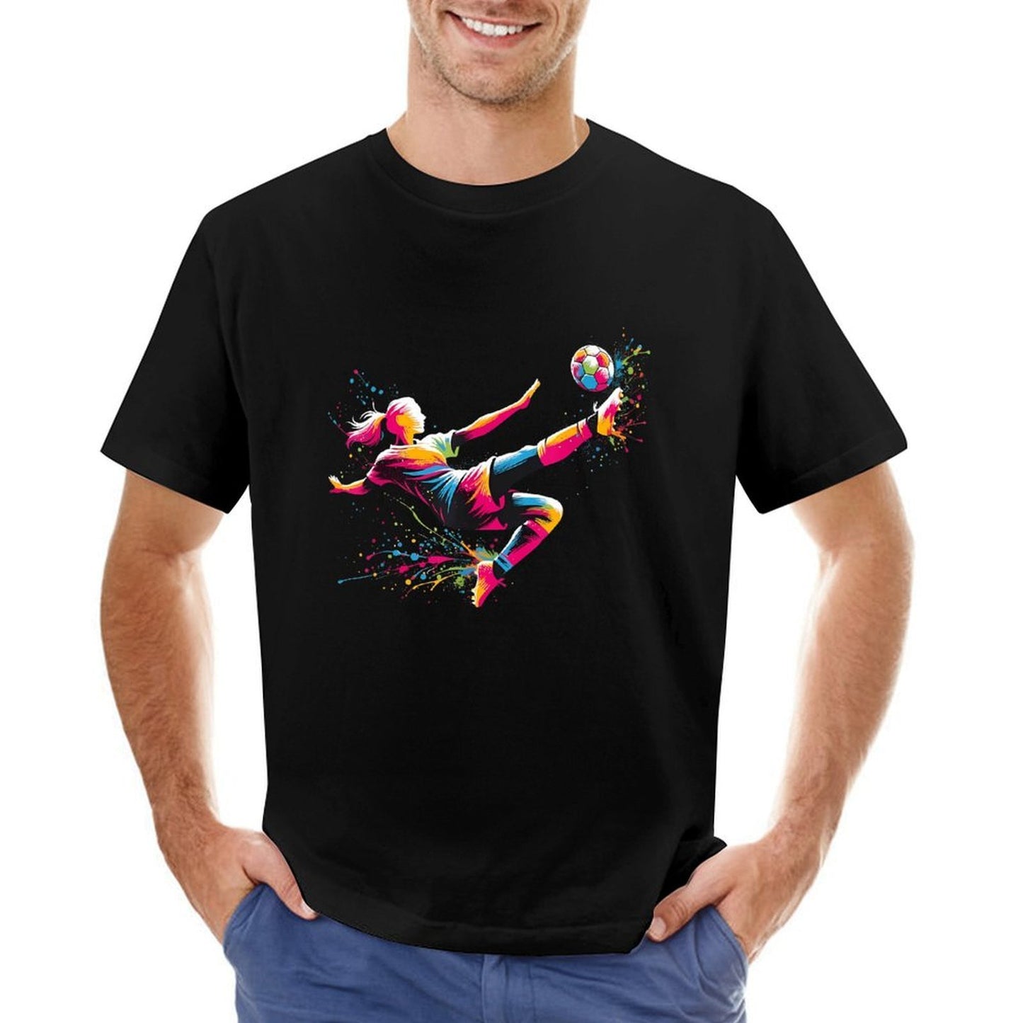 Inkmay Casual Cotton T-shirt Vibrant Soccer Player Kicking Ball Artwork Unisex T-shirt