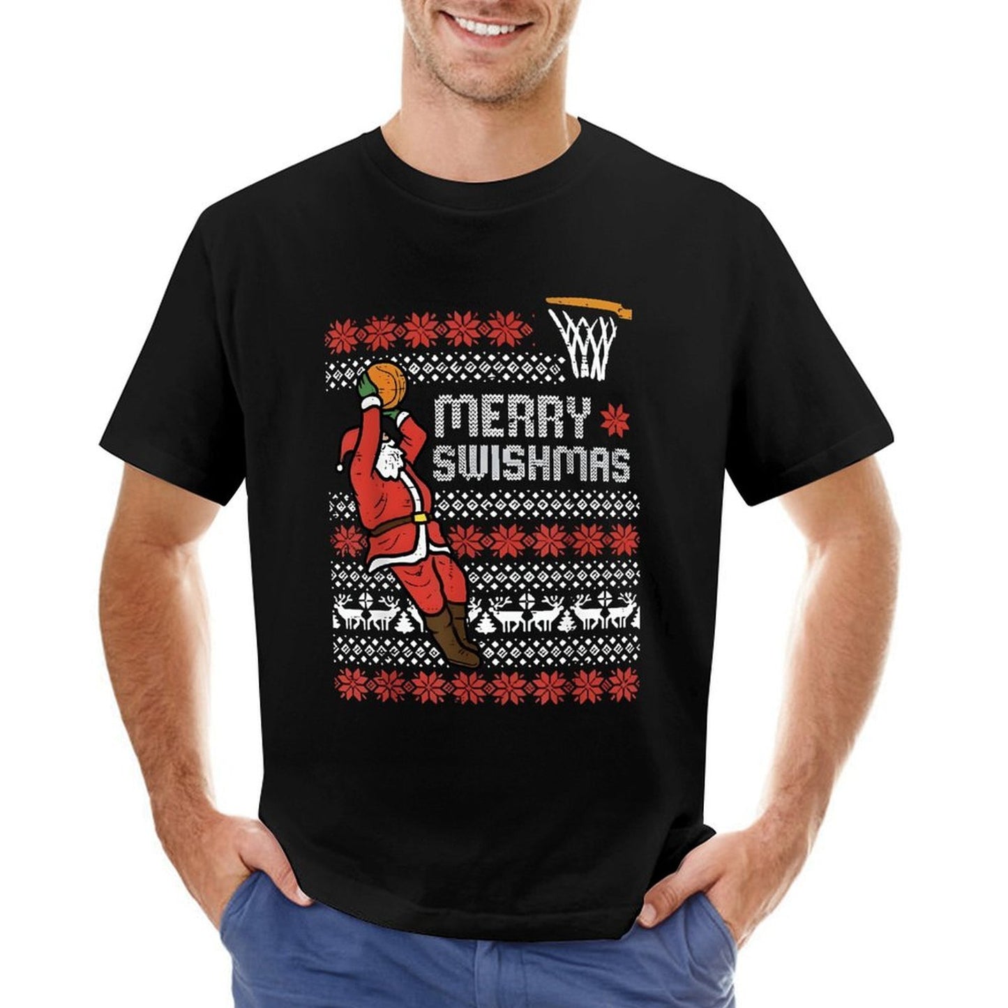 Inkmay Casual Cotton T-shirt Merry Swishmas Santa Plays Basketball Pattern Unisex T-shirtClassic EverydaySeries T-Shirt