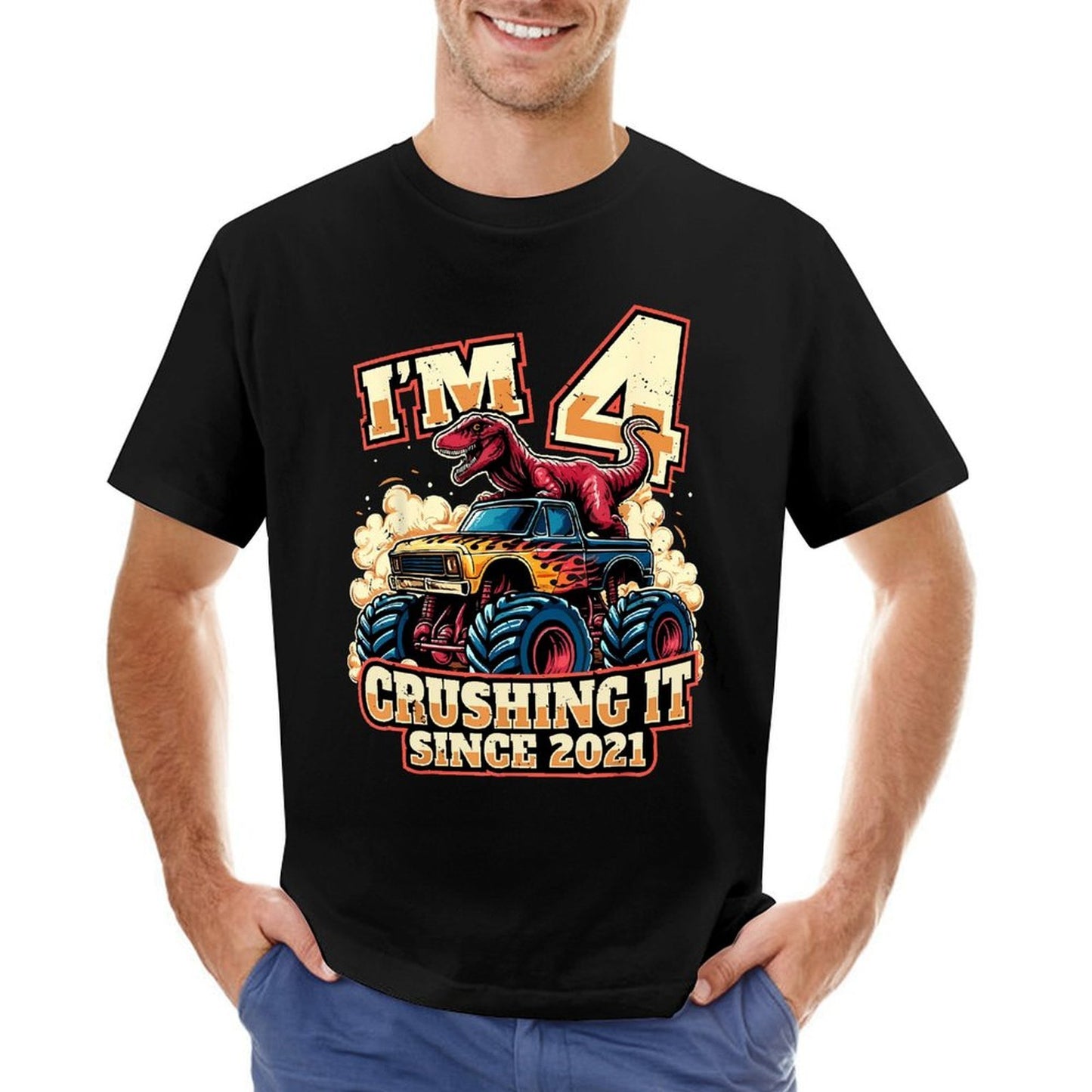 Inkmay Casual Cotton T-shirt Dinosaur Riding Monster Truck Crushing It Unisex T-shirtClassic SoftWear T-Shirt