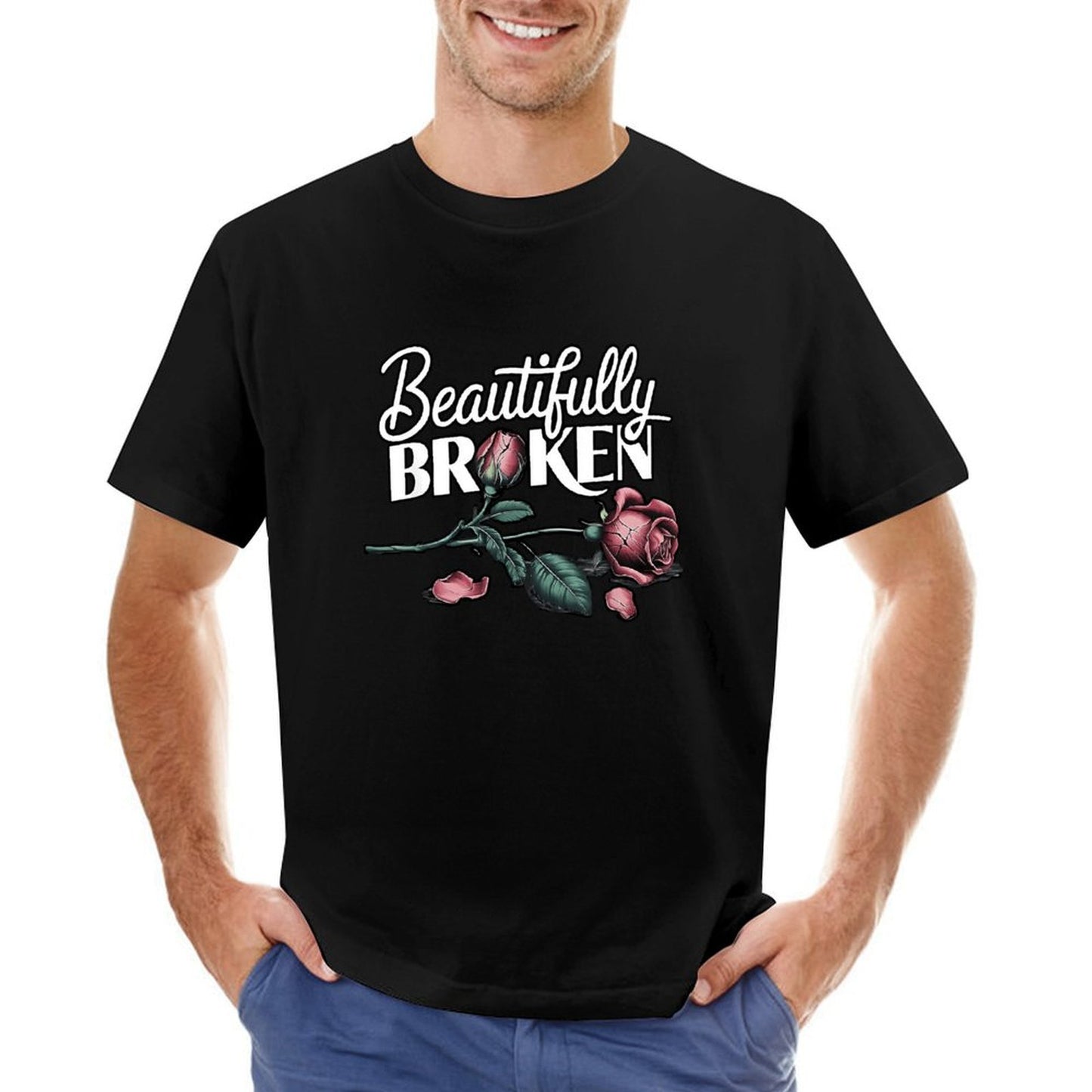 Inkmay Casual Cotton T-shirt Beautifully Broken Roses On Dark Background Unisex T-shirtClassic Fit Series T-Shirt