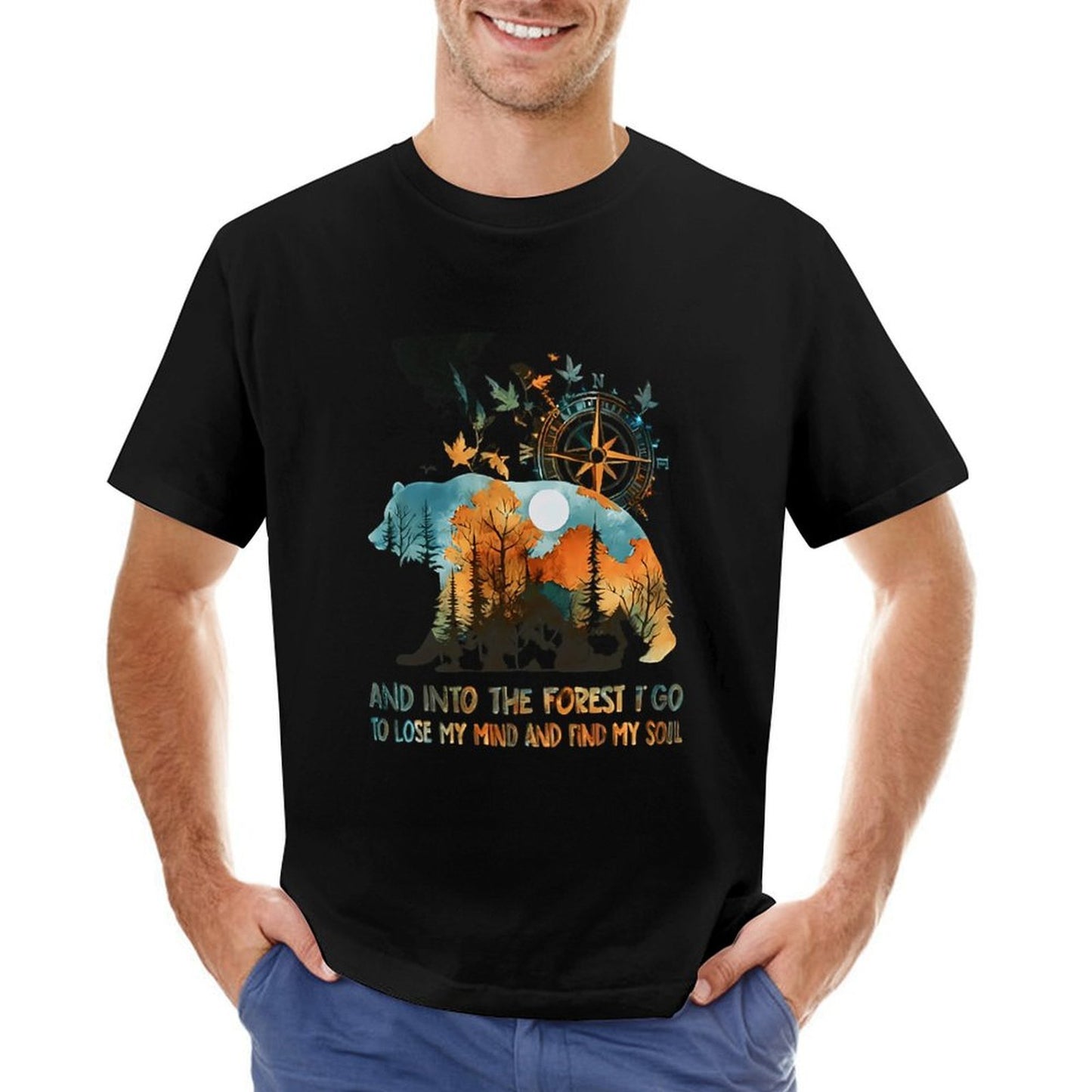Inkmay Casual Cotton T-shirt Bear Forest Compass Nature Artwork Design Unisex T-shirtTimelessStyle Long Lasting T-Shirt