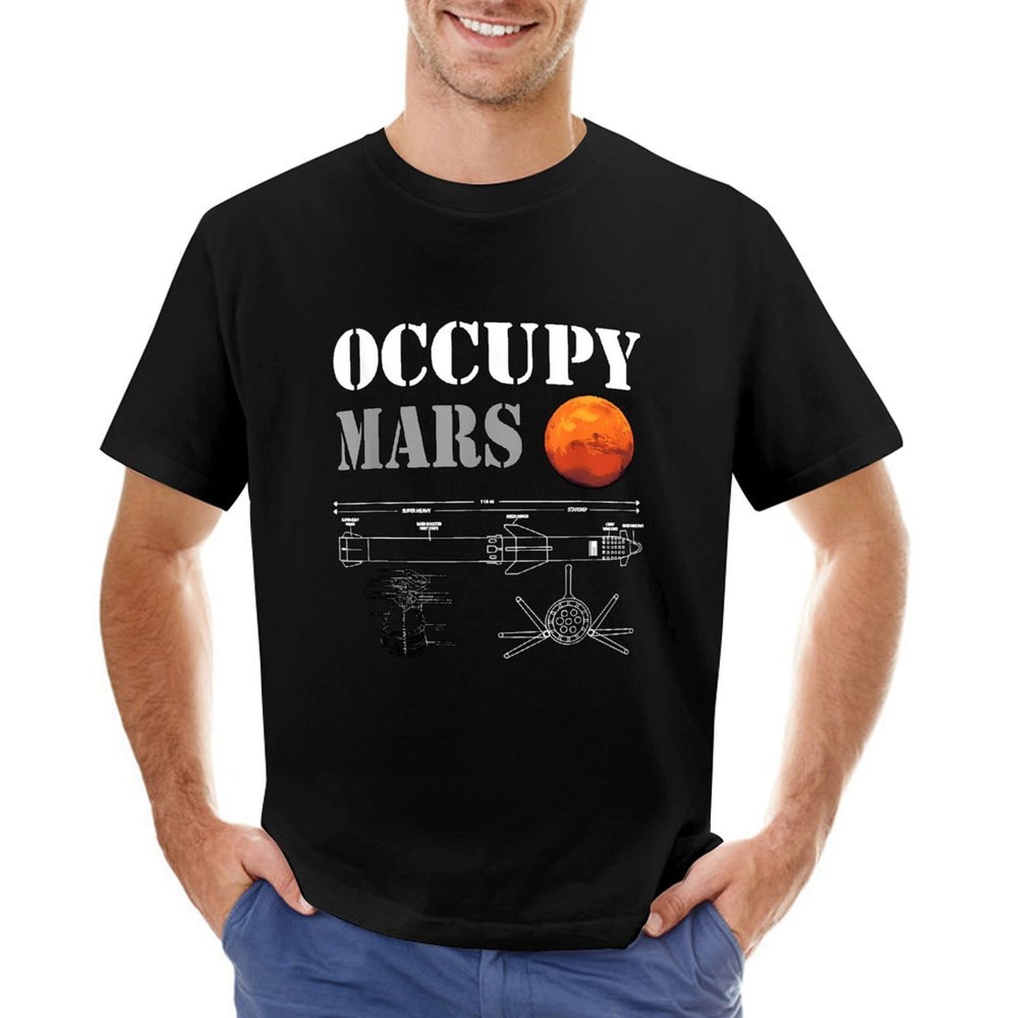 Inkmay Casual Cotton T-shirt Occupy Mars Blueprint Design Art Print Unisex T-shirtHeavyweight ActiveWear T-Shirt