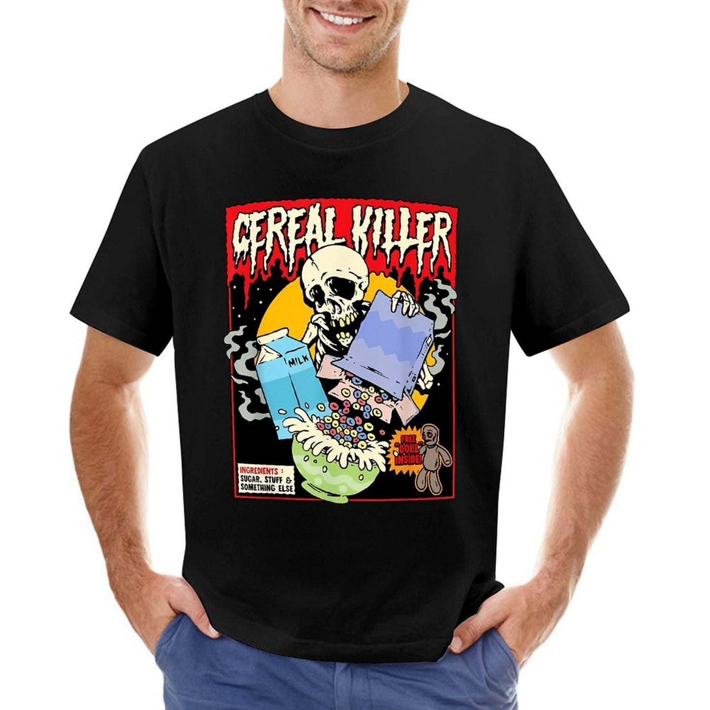 Inkmay Casual Cotton T-shirt Cereal Killer With Skull And Milk Unisex T-shirtPromotional Relaxed T-Shirt