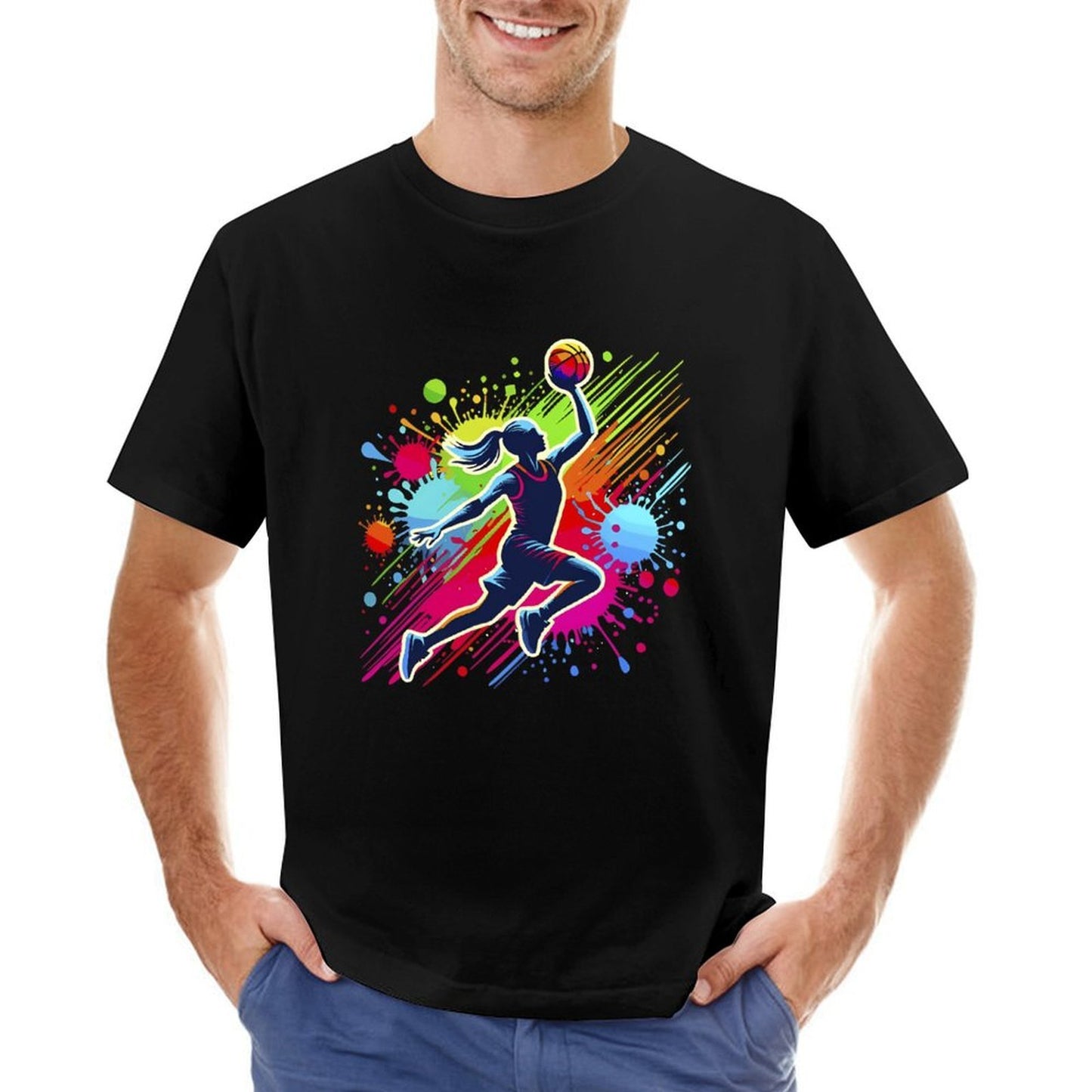 Inkmay Casual Cotton T-shirt Basketball Player With Colorful Splash Design Unisex T-shirtNeat Smooth T-Shirt