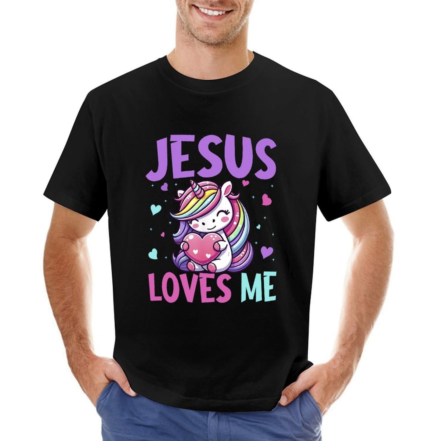 Inkmay Casual Cotton T-shirt Jesus Loves Me Rainbow Unicorn Hearts Unisex T-shirt