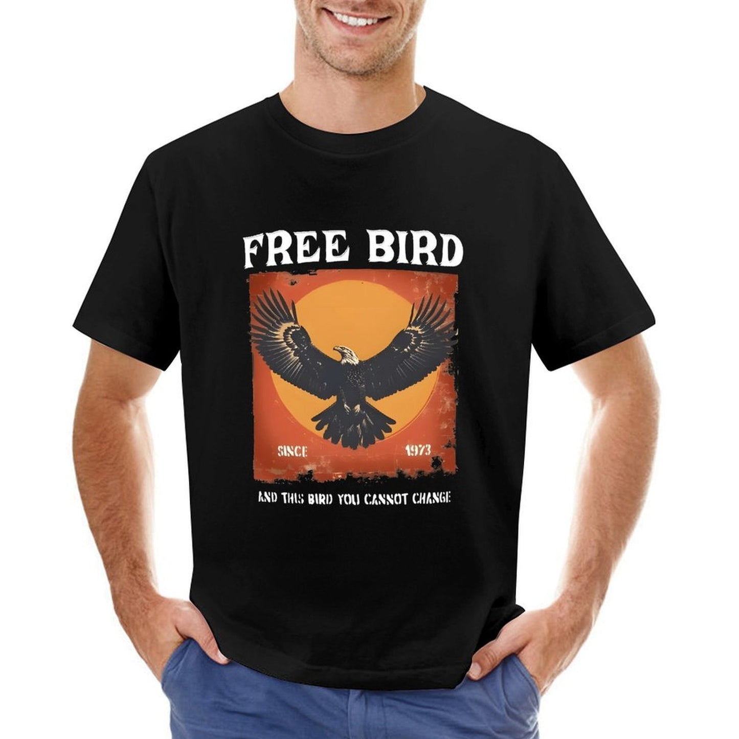 Inkmay Casual Cotton T-shirt Eagle Soaring Against Orange Sky Background Unisex T-shirtSoftTouch PureStyle T-Shirt