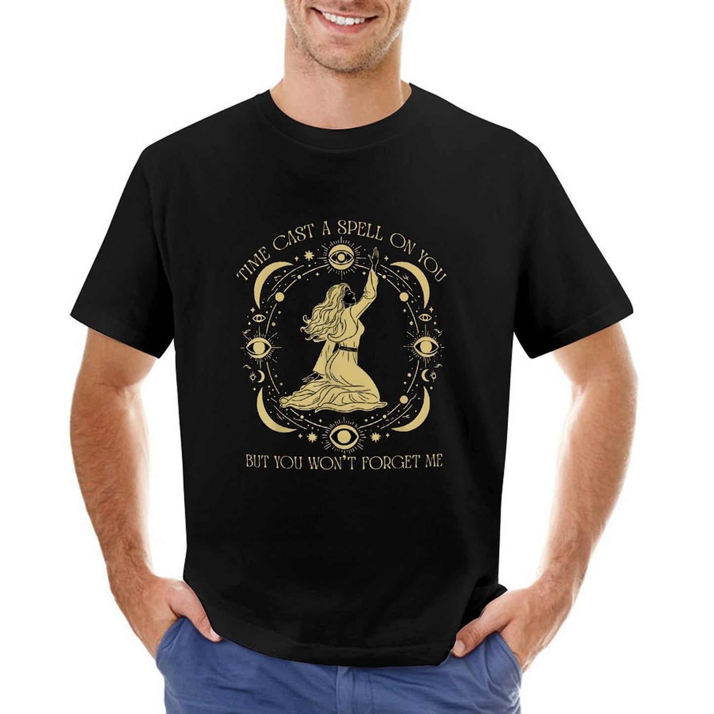 Inkmay Casual Cotton T-shirt Mystical Woman Casting Spell With Moons Unisex T-shirtCrisp Print Cotton T-Shirt