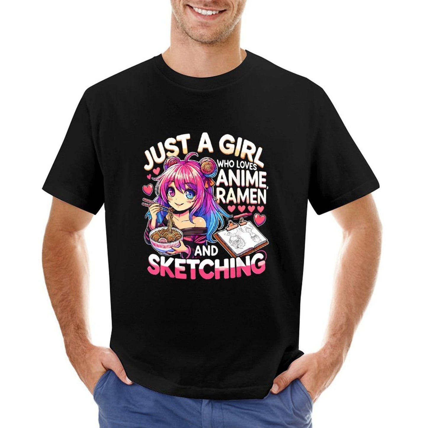 Inkmay Casual Cotton T-shirt Anime Girl Eating Ramen And Unisex T-shirtTimeless Breathable T-Shirt