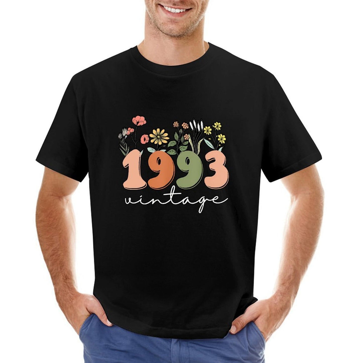 Inkmay Casual Cotton T-shirt Vintage Floral Numbers On Black Background Unisex T-shirtTrueFit Recycled T-Shirt