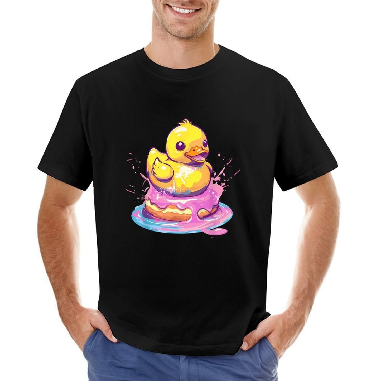 Inkmay Casual Cotton T-shirt Bright Yellow Duck Splashing In Water Unisex T-shirt