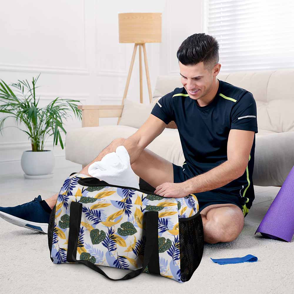 Tropical Leaf Print Duffel Bag Blue & White Travel Luggage for Vacation Beach Trip