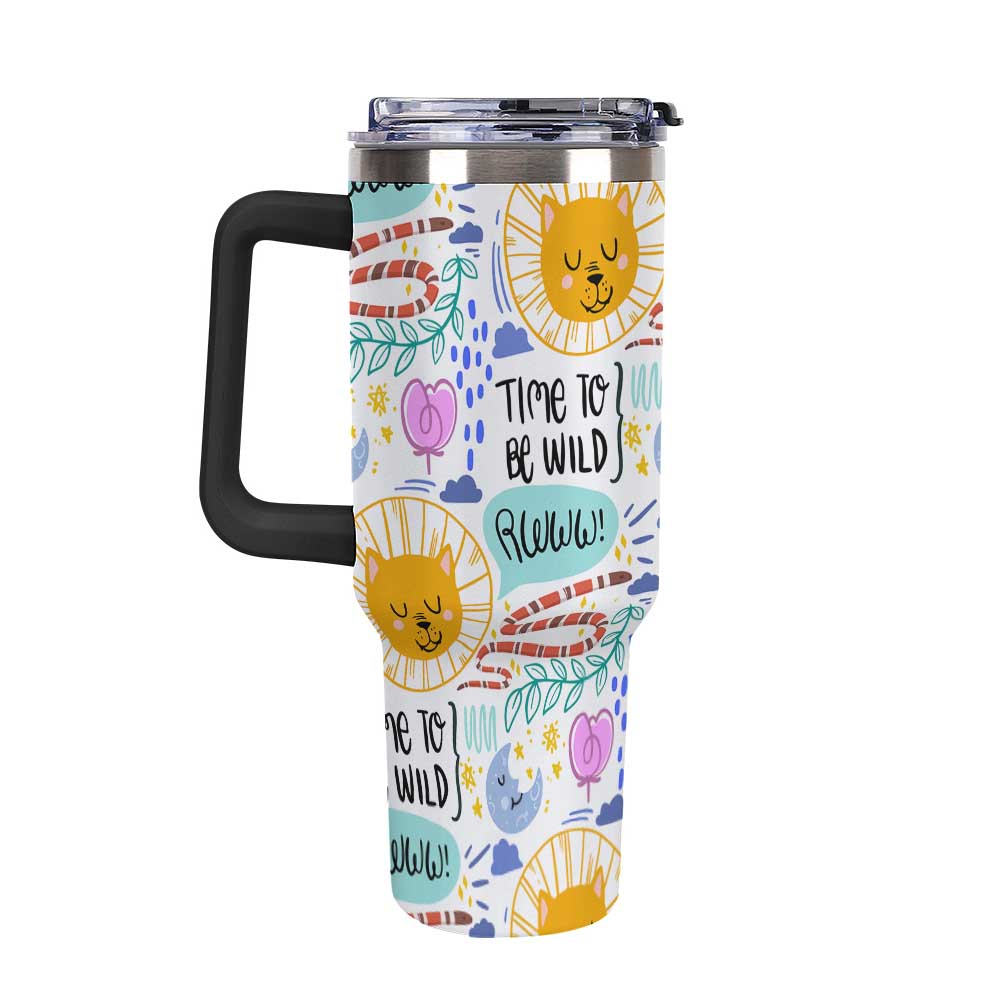 Travel Mug with Handle White Colorful Sun Moon Stars and Time to Be Wild Print for Outdoor Adventures