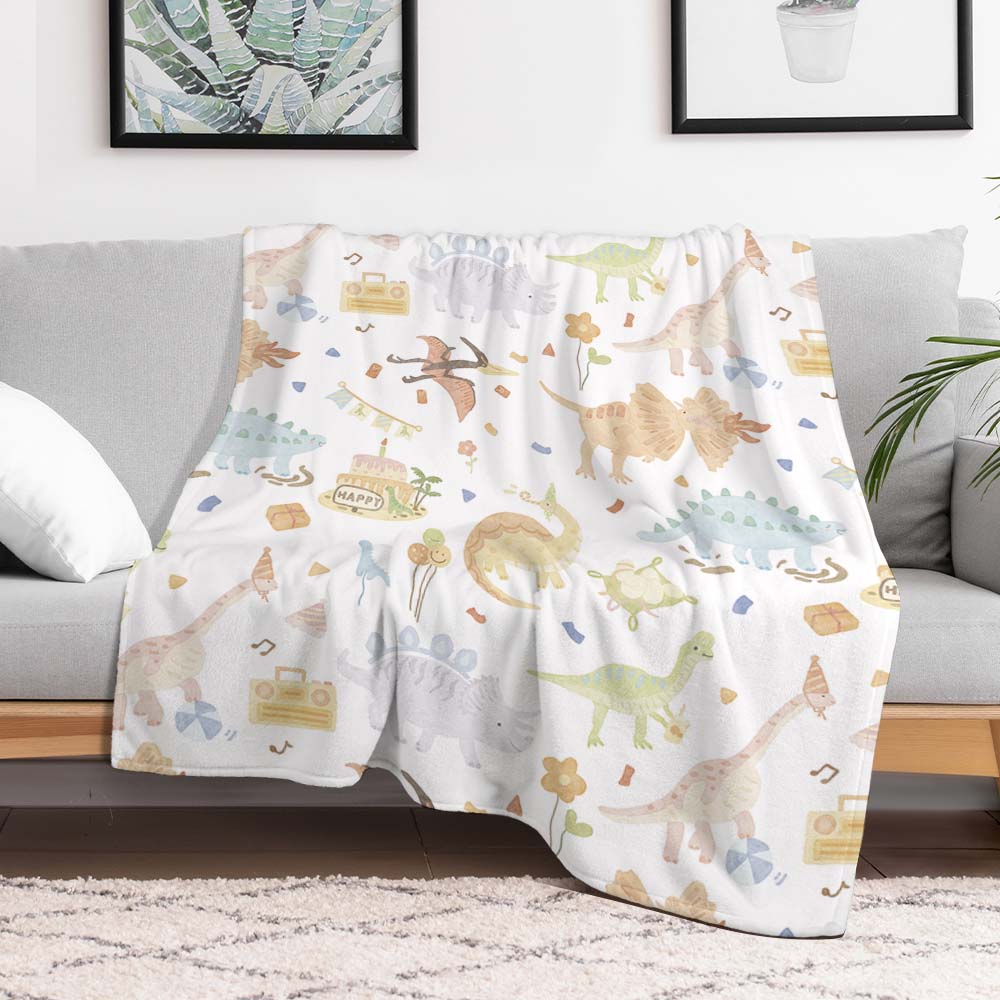 Dinosaur Print Blanket White with Multicolor Dinosaurs and Moon Pattern for Cozy Bedding