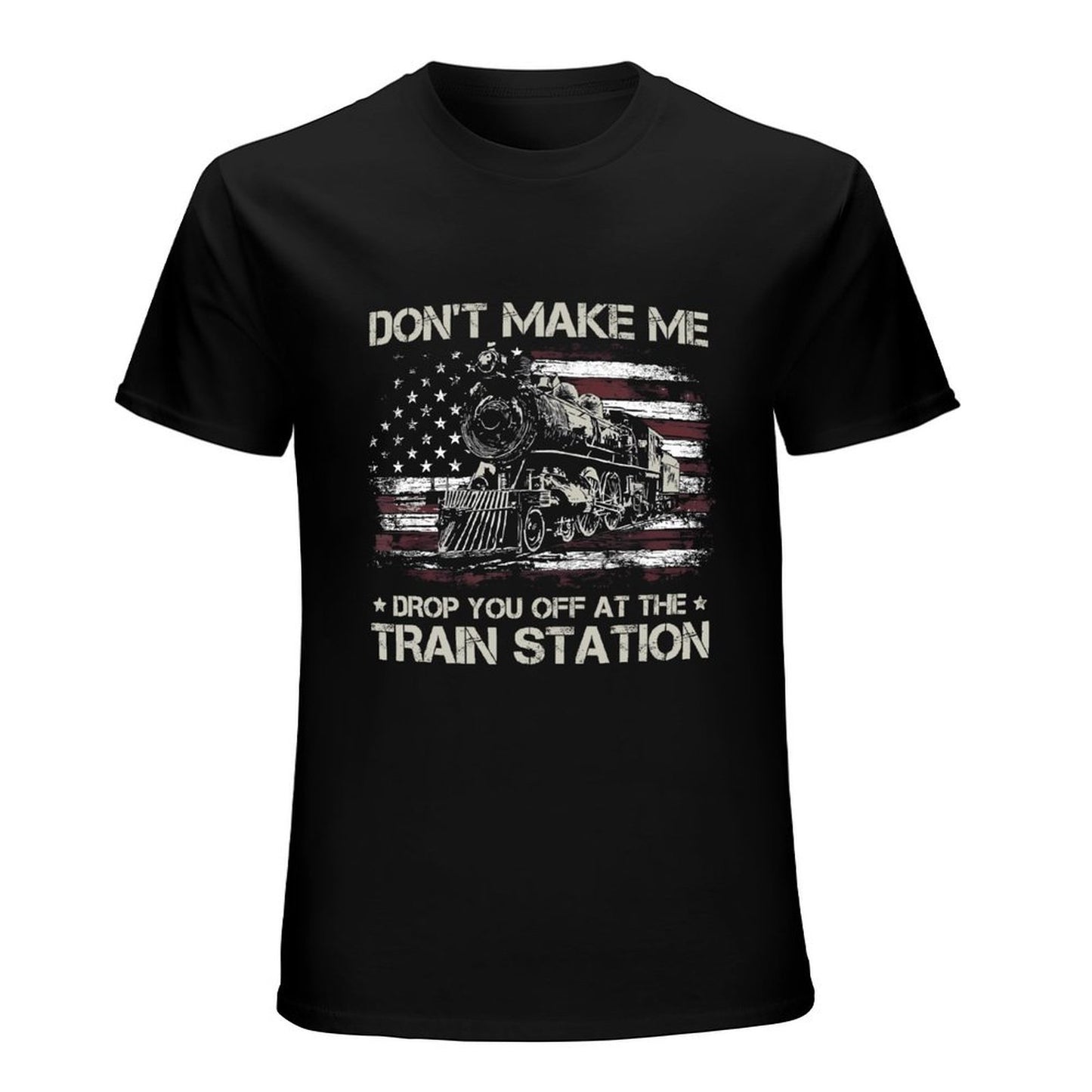 Inkmay Casual Cotton T-shirt American Flag With Train Graphic Design Unisex T-shirtMidweight Soft-Touch T-Shirt