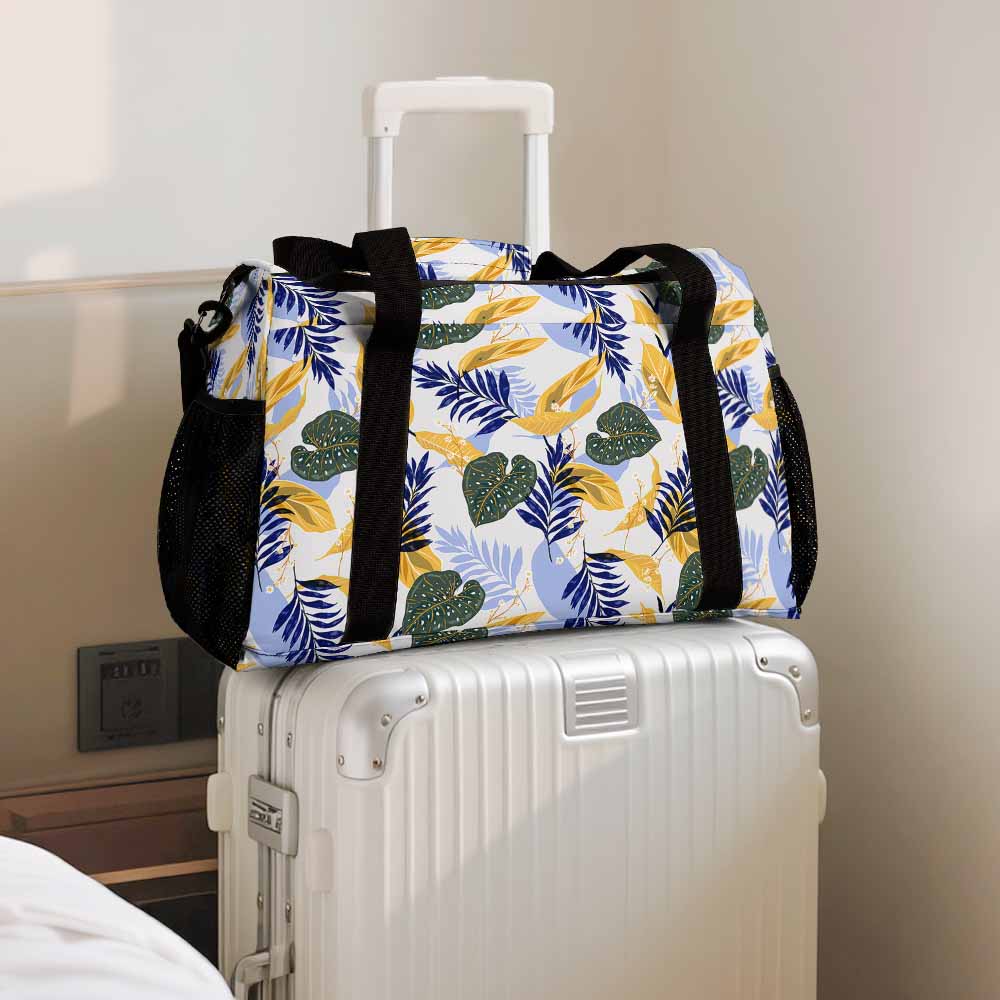 Tropical Leaf Print Duffel Bag Blue & White Travel Luggage for Vacation Beach Trip