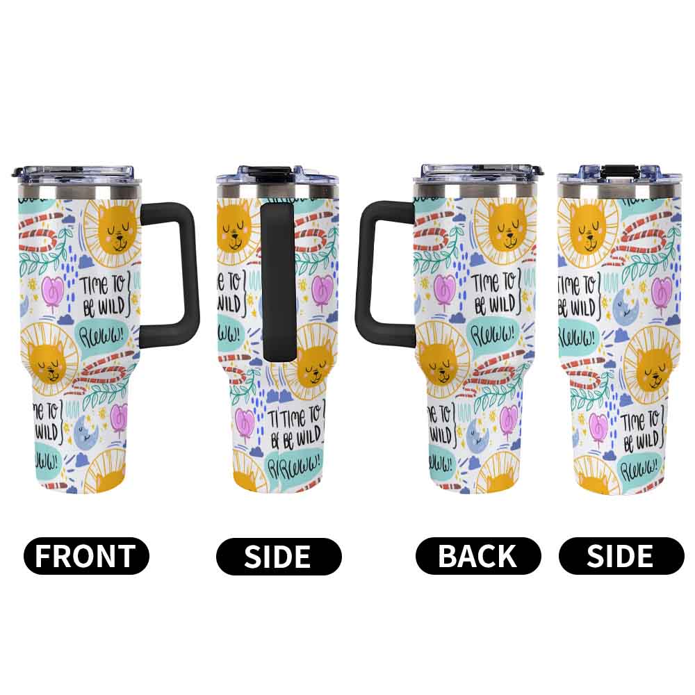 Travel Mug with Handle White Colorful Sun Moon Stars and Time to Be Wild Print for Outdoor Adventures