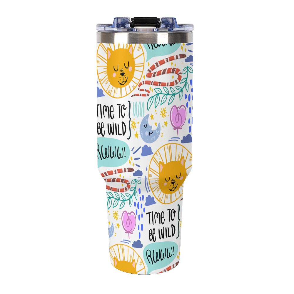 Travel Mug with Handle White Colorful Sun Moon Stars and Time to Be Wild Print for Outdoor Adventures