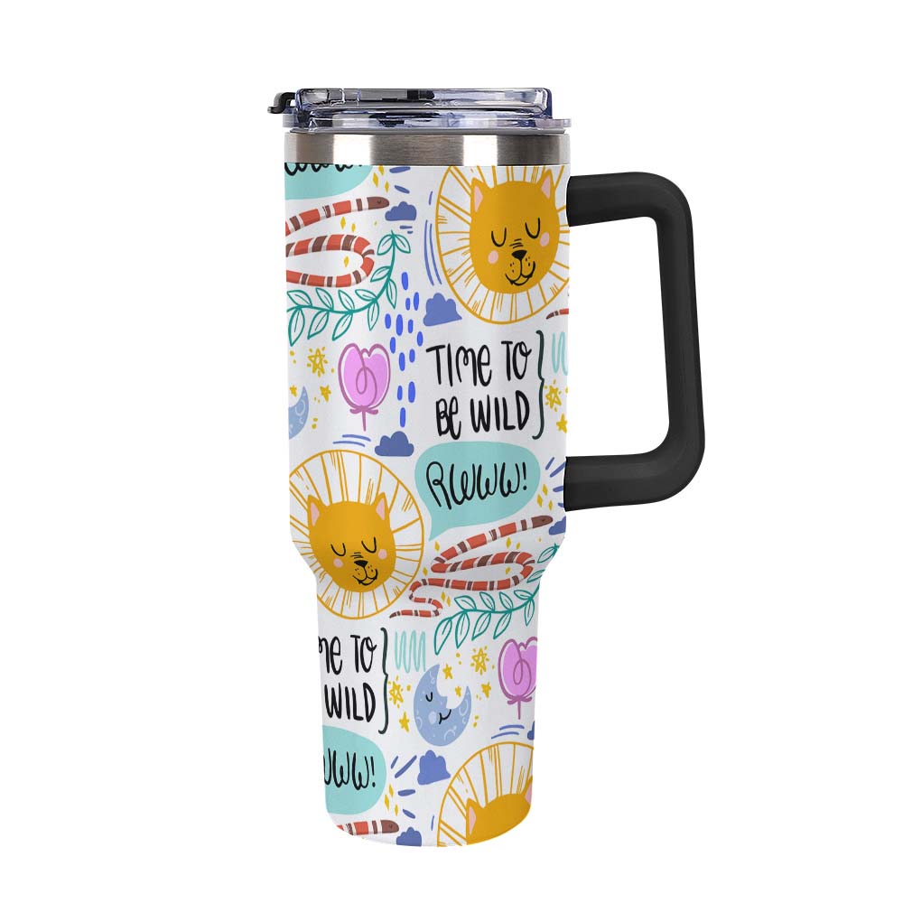 Travel Mug with Handle White Colorful Sun Moon Stars and Time to Be Wild Print for Outdoor Adventures