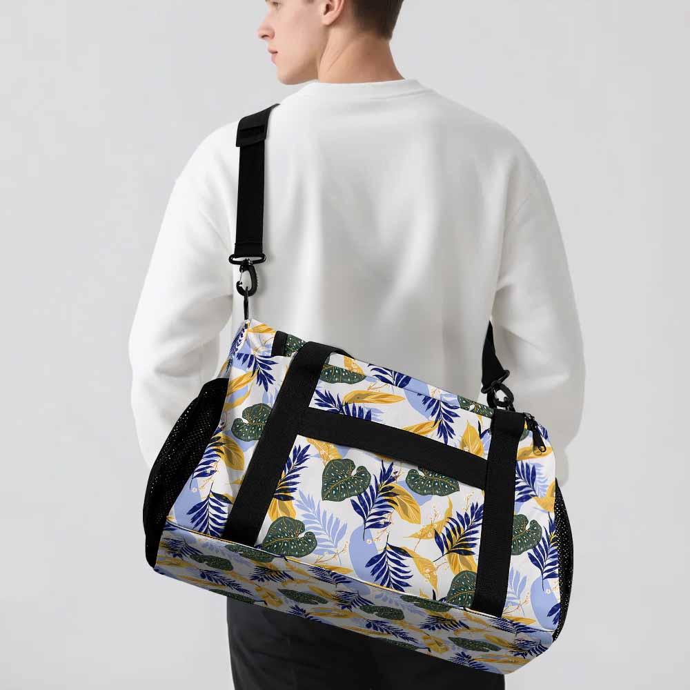Tropical Leaf Print Duffel Bag Blue & White Travel Luggage for Vacation Beach Trip