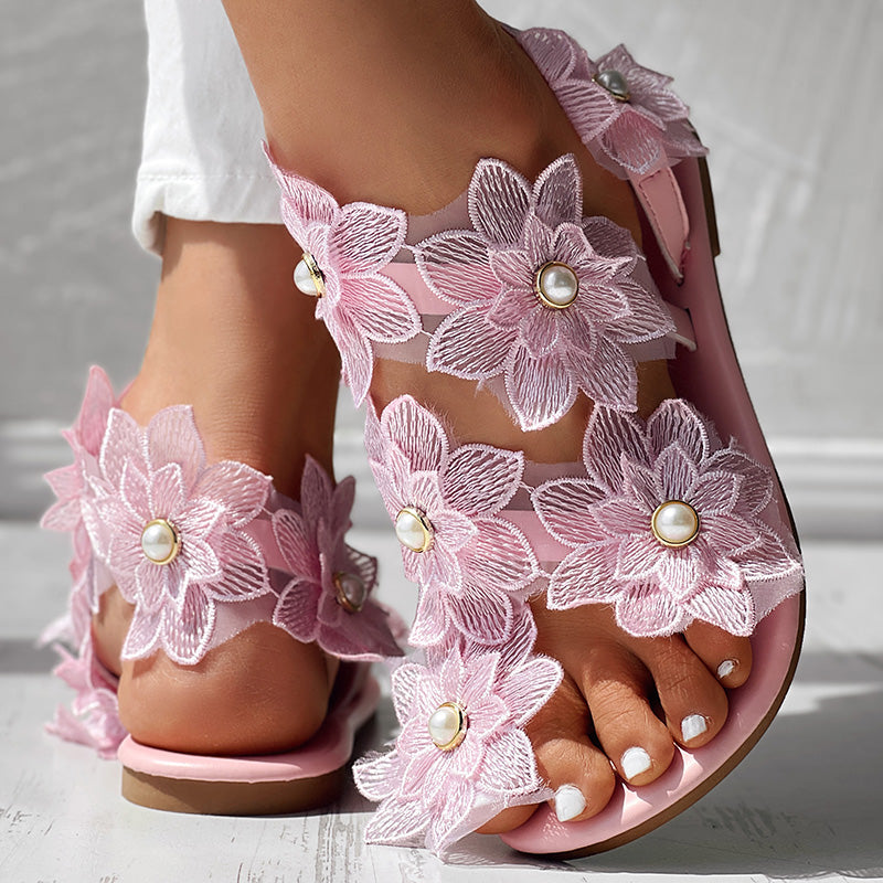 Women’s PU Flat Sandals with Floral Design, Comfortable Summer Shoes for Daily Wear Sale
