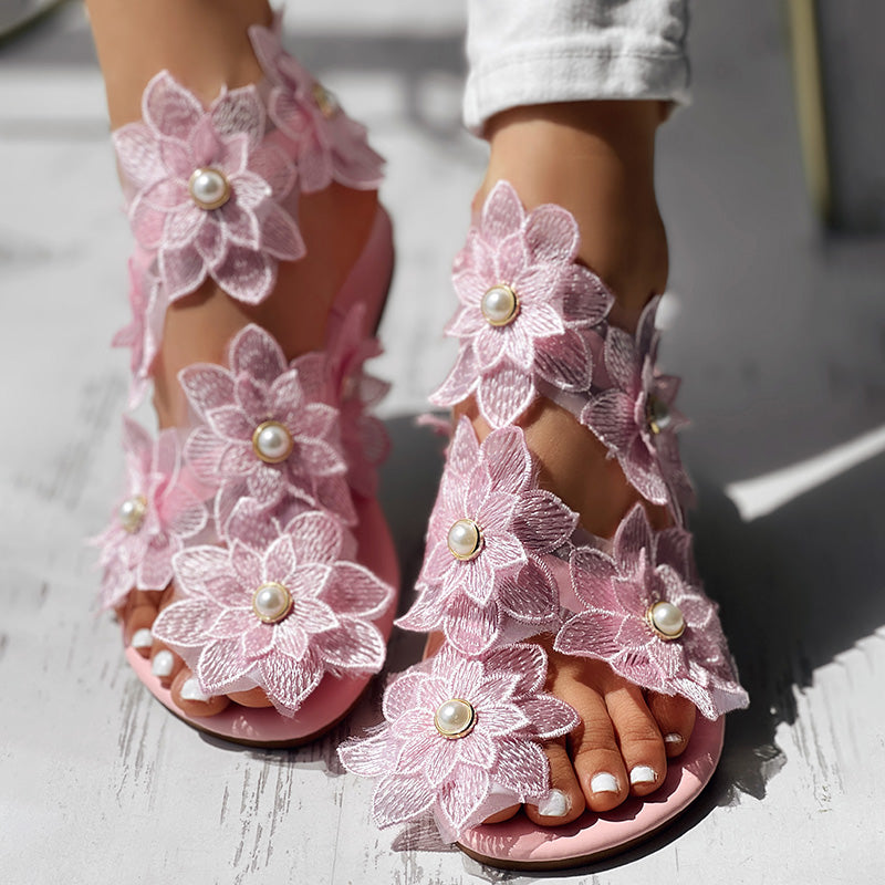 Women’s PU Flat Sandals with Floral Design, Comfortable Summer Shoes for Daily Wear Sale