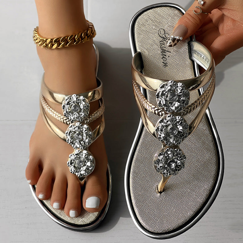 Blue Rhinestone Flower Sandals Women Flat Shoes Clearance Sale