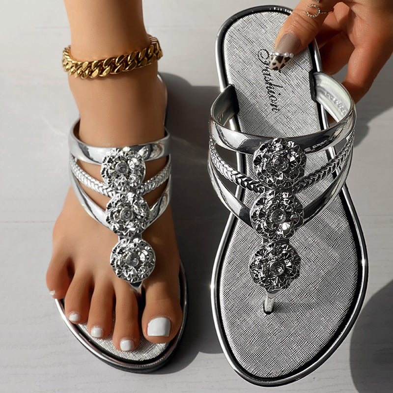 Blue Rhinestone Flower Sandals Women Flat Shoes Clearance Sale
