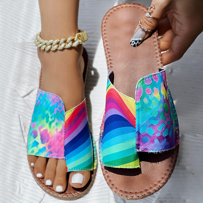 Women’s Rainbow Print Flat Sandals Casual Colorful Slip On Summer Shoes
