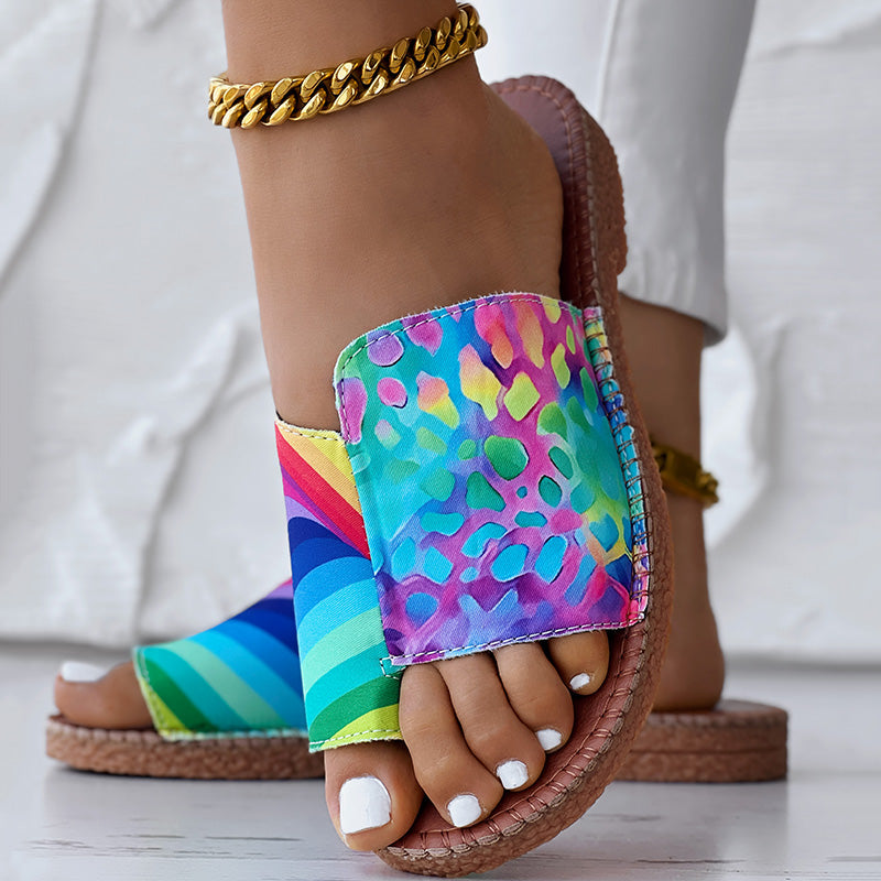 Women’s Rainbow Print Flat Sandals Casual Colorful Slip On Summer Shoes