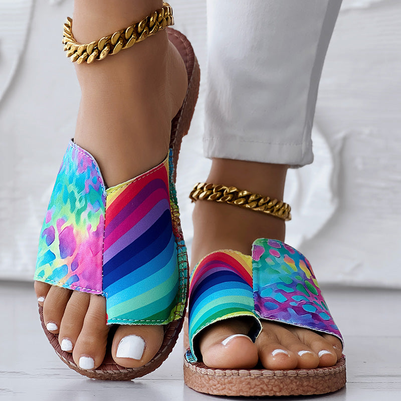 Women’s Rainbow Print Flat Sandals Casual Colorful Slip On Summer Shoes