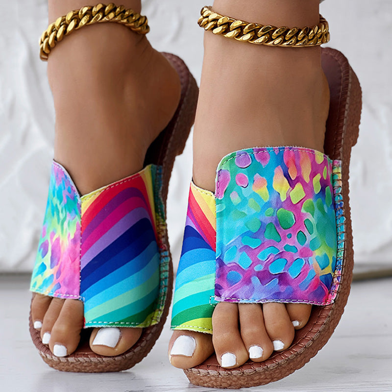 Women’s Rainbow Print Flat Sandals Casual Colorful Slip On Summer Shoes