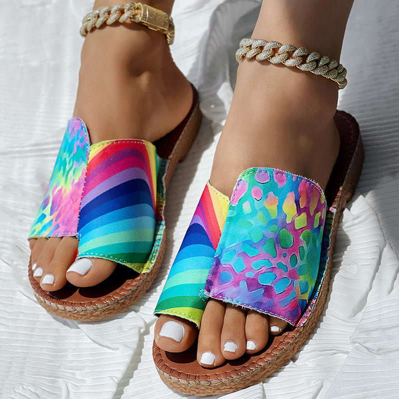 Women’s Rainbow Print Flat Sandals Casual Colorful Slip On Summer Shoes