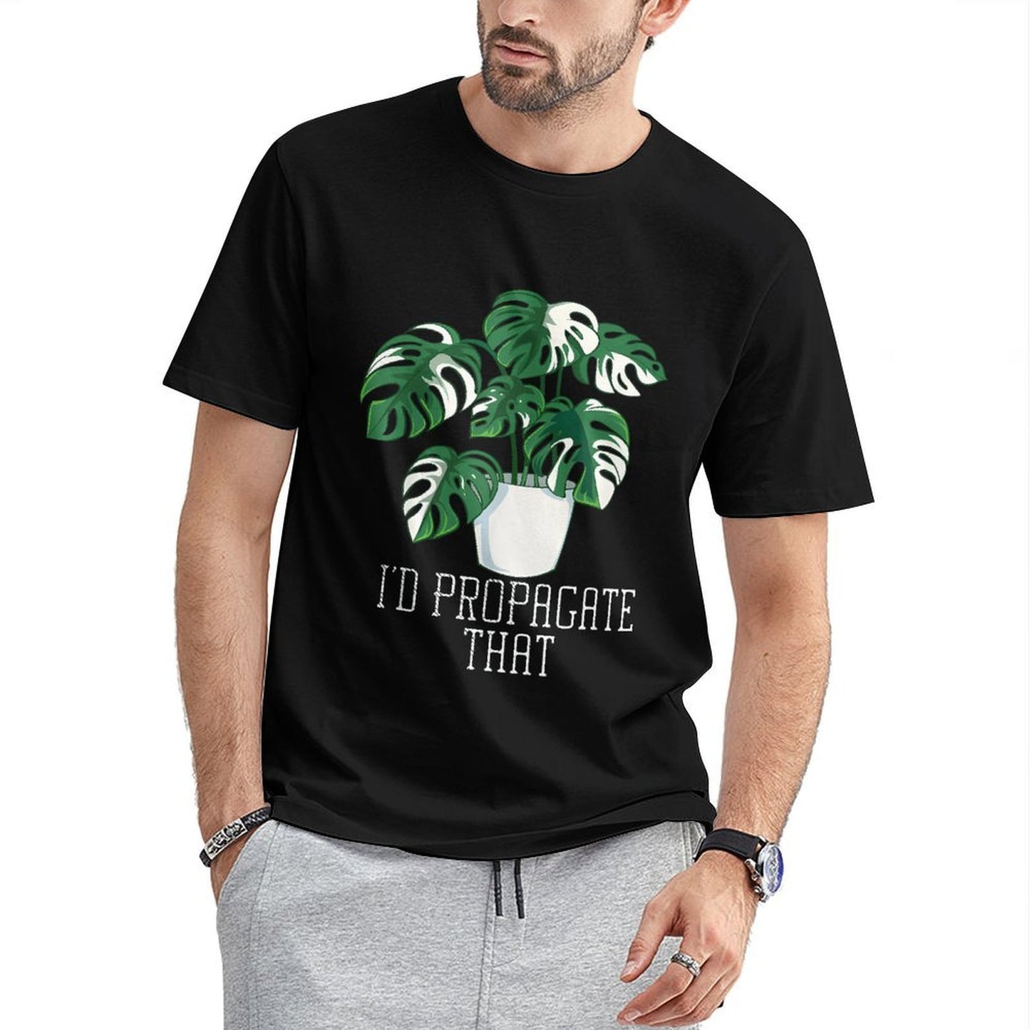 Inkmay Casual Cotton T-shirt Green Plant In White Pot Holder Unisex T-shirtRefined CleanCut T-Shirt