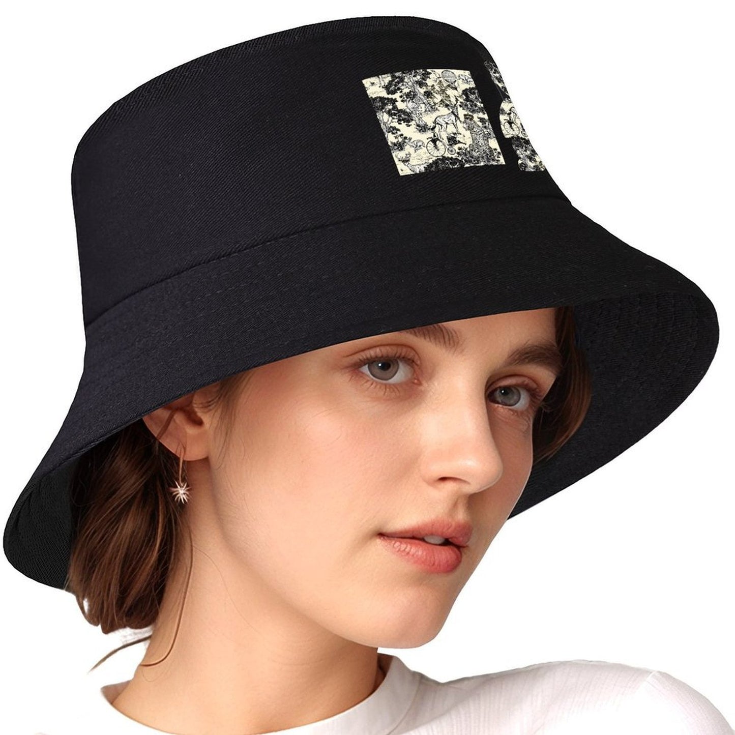 Black Bucket Hat with Print Detail