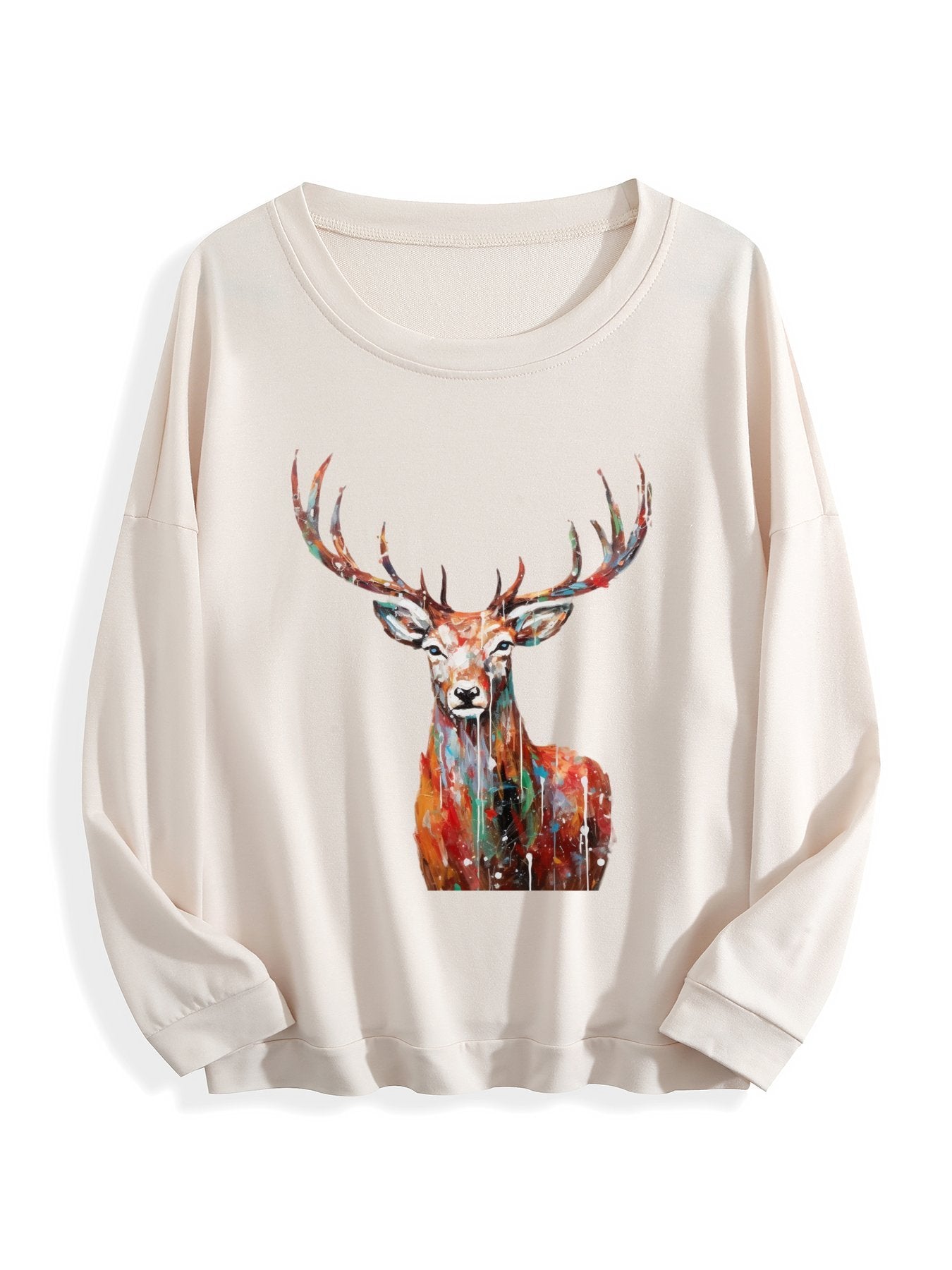 Customizable Christmas-themed long-sleeved shirt with oil painting of reindeer