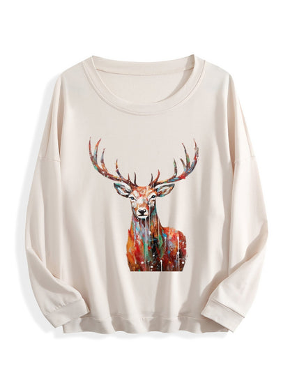 Customizable Christmas-themed long-sleeved shirt with oil painting of reindeer