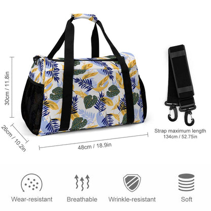 Tropical Leaf Print Duffel Bag Blue & White Travel Luggage for Vacation Beach Trip