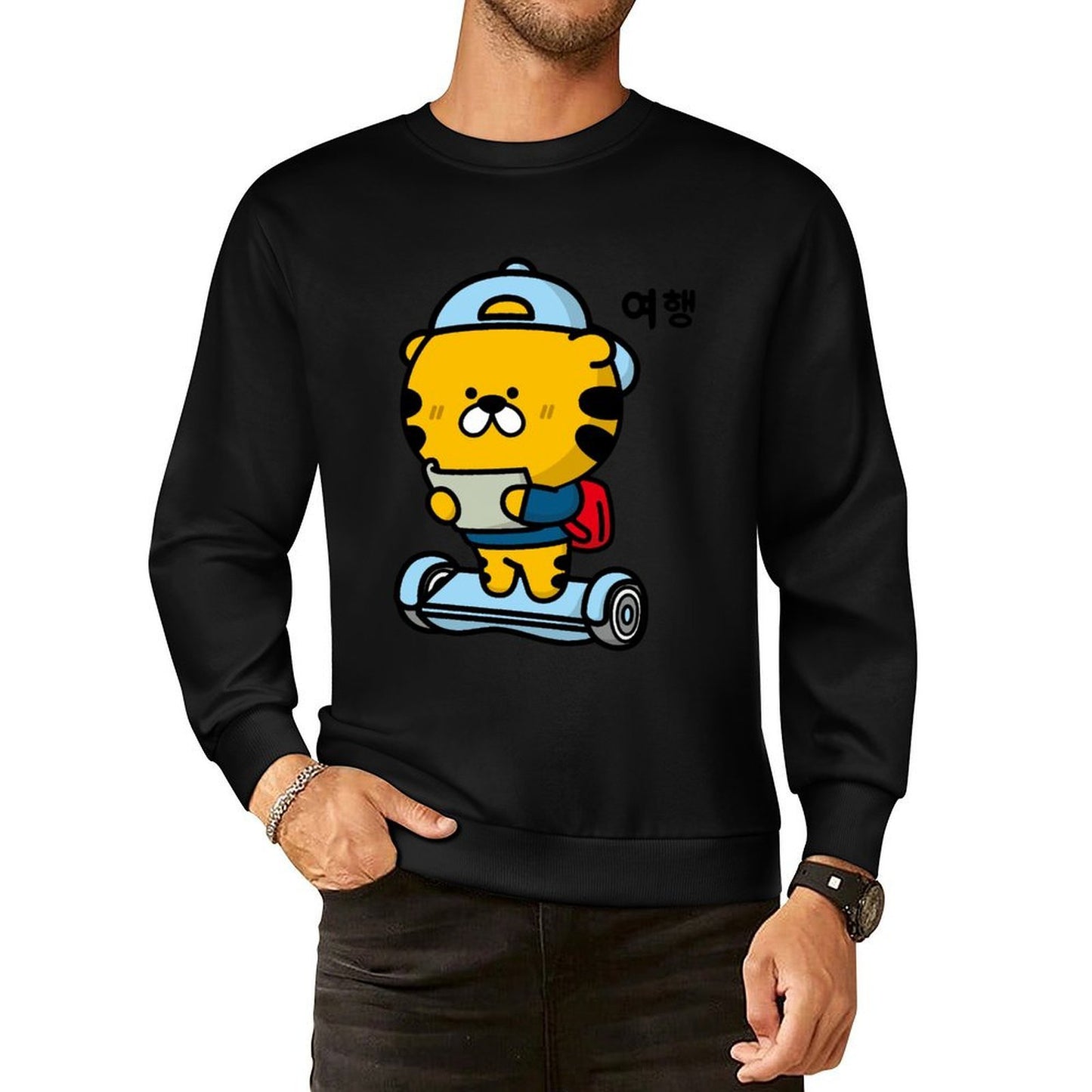 Front Patterned Long Sleeve TopComfortFit Crew Neck