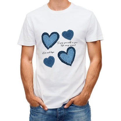Inkmay Casual Cotton T-shirt Heart Shapes In Denim Style Prints Unisex T-shirtSmoothWear Classic T-Shirt