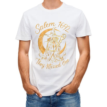 Inkmay Casual Cotton T-shirt Witch Holding Staff Against Crescent Moon Unisex T-shirtEasy-Care Recycled T-Shirt